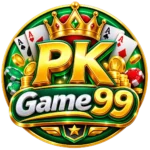 PK Game99 3D gaming logo with gold text, crown, cards, coins, and green background