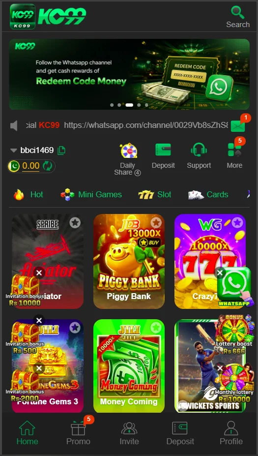 KC99 Game Android app home screen showing gaming options