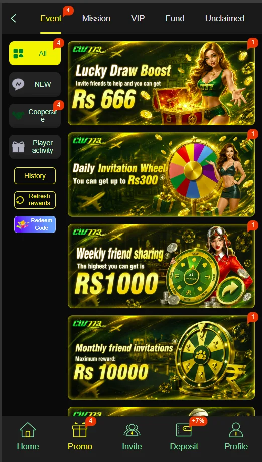 CW773 Game promotional banner with latest game offers