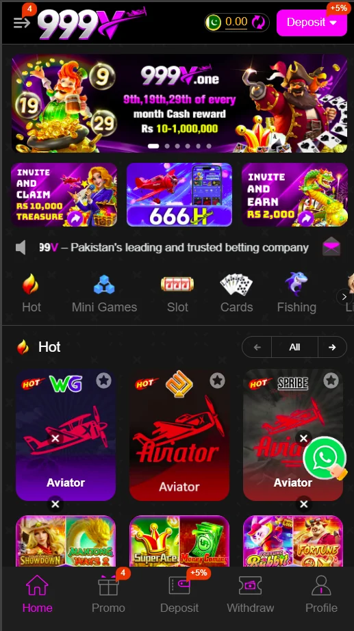 999V Game homepage and mobile gaming interface